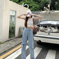 Bow High Waist Straight Leg Jeans - Thumbnail 5