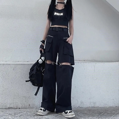 Black cut out oversized pocket cargo pants