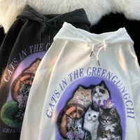 Purple Flower Kitten Print Oversized Hoodie  - Thumbnail 5