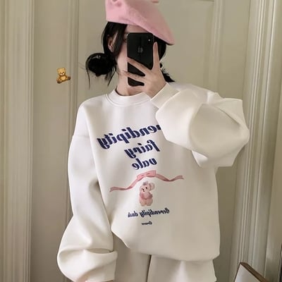 Bear bow letter print loose sweatshirt 