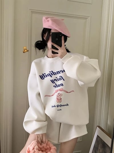 Bear Bow Letter Print Loose Sweatshirt 