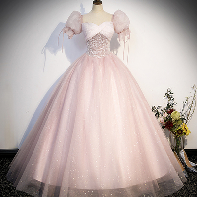 Lovely blushing pink beading sequins prom dresses,  short sleeve backless floor-length formal dresses - Thumbnail 1