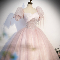 Lovely Blushing Pink Beading Sequins Prom Dresses,  Short Sleeve Backless Floor-Length Formal Dresses - Thumbnail 1