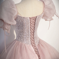 Lovely Blushing Pink Beading Sequins Prom Dresses,  Short Sleeve Backless Floor-Length Formal Dresses - Thumbnail 2