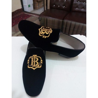 Handmade black velvet loafer embroidery men shoes