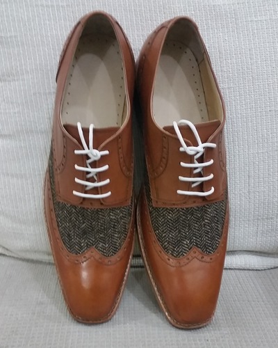  Classic Brown Leather and Tweed Contrast Wingtip Oxford Dress Lace up Shoes