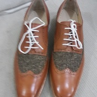  Classic Brown Leather and Tweed Contrast Wingtip Oxford Dress Lace up Shoes - Thumbnail 2
