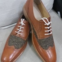  Classic Brown Leather and Tweed Contrast Wingtip Oxford Dress Lace up Shoes - Thumbnail 3