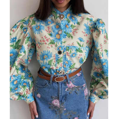 Blue Flower Long Sleeve Bubble Sleeve Cardigan Top