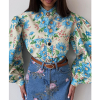Blue Flower Long Sleeve Bubble Sleeve Cardigan Top - Thumbnail 1