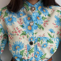 Blue Flower Long Sleeve Bubble Sleeve Cardigan Top - Thumbnail 2