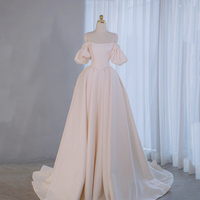 A-Line Satin Floor Length Prom Dresses, Puff Sleeves Off the Shoulder Formal Dresses - Thumbnail 1