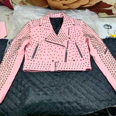 Classic handmade women pink quilted gold studded skeletons genuine leather jacket - Thumbnail 5