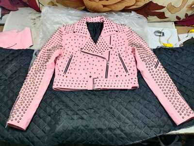 Classic Handmade Women Pink Quilted Gold Studded Skeletons Genuine Leather Jacket