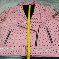 Classic Handmade Women Pink Quilted Gold Studded Skeletons Genuine Leather Jacket - Thumbnail 2