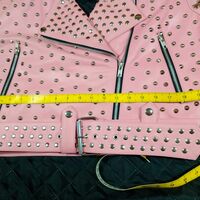 Classic Handmade Women Pink Quilted Gold Studded Skeletons Genuine Leather Jacket - Thumbnail 3