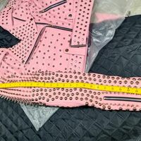 Classic Handmade Women Pink Quilted Gold Studded Skeletons Genuine Leather Jacket - Thumbnail 5