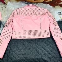 Classic Handmade Women Pink Quilted Gold Studded Skeletons Genuine Leather Jacket - Thumbnail 6