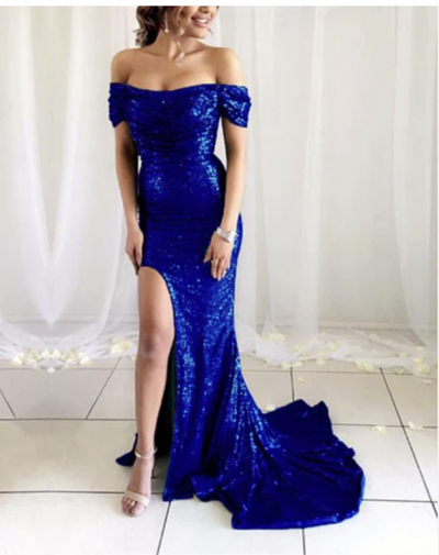 Bateau Royal Blue Prom Dresses Slit Side