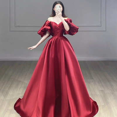 Burgundy satin a-line prom dress, burgundy puffy short sleeve evening dress - Thumbnail 1