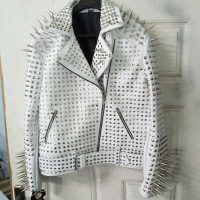 Handmade full white punk silver long spiked studded leather women brando biker jacket - Thumbnail 4