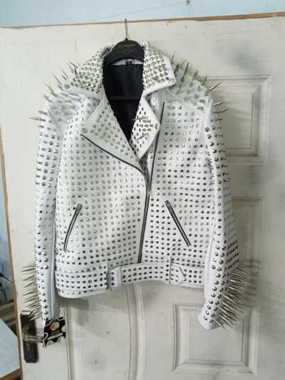 Handmade Full White Punk Silver Long Spiked Studded Leather Women Brando Biker Jacket