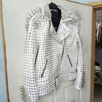 Handmade Full White Punk Silver Long Spiked Studded Leather Women Brando Biker Jacket - Thumbnail 1