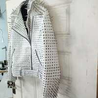 Handmade Full White Punk Silver Long Spiked Studded Leather Women Brando Biker Jacket - Thumbnail 2