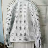Handmade Full White Punk Silver Long Spiked Studded Leather Women Brando Biker Jacket - Thumbnail 3
