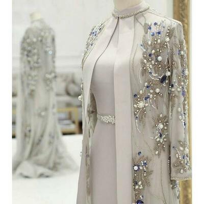 Gorgeous beaded mother of the bride dresses with long sleeves pearls plus size wedding guest dress crystals high neck evening gowns,1611