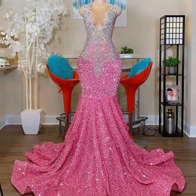 Sparkly prom dress pink sleeveless bling sequined beads v-neck floor length women sexy birthday party girls cocktail gowns,1612
