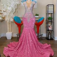 Sparkly Prom Dress Pink Sleeveless Bling Sequined Beads V-Neck Floor Length Women Sexy Birthday Party Girls Cocktail Gowns,1612 - Thumbnail 1