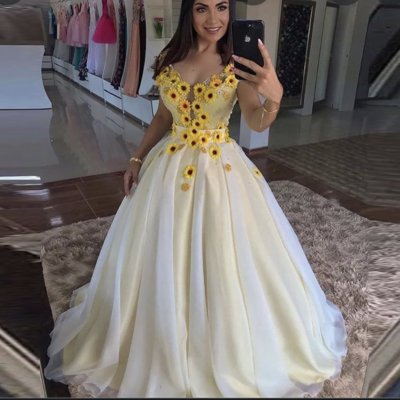 V neck prom dresses with sunflowers,1614