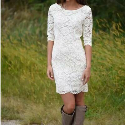 Summer lace short wedding dresses scoop neck half sleeves zipper back bridal gowns,1615 - Thumbnail 2