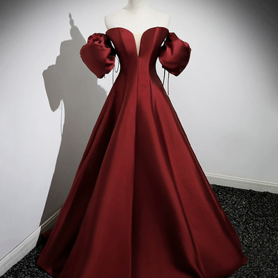 Burgundy satin long a-line prom dress - Thumbnail 1