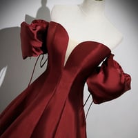 Burgundy Satin Long A-Line Prom Dress - Thumbnail 1