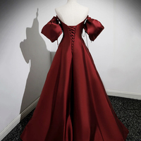 Burgundy Satin Long A-Line Prom Dress - Thumbnail 2