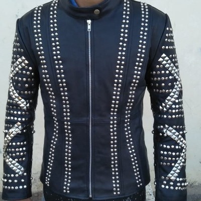 New women's black silver studded zipper cowhide biker leather jacket - Thumbnail 4