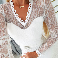V-Neck Lace Splicing Long Sleeve Dress - Thumbnail 1
