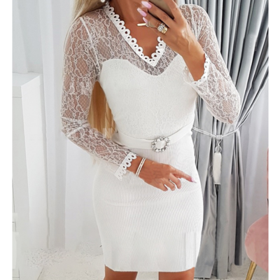 V-neck lace splicing long sleeve dress - Thumbnail 1