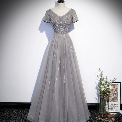 Shiny tulle beads long prom dress, a-line short sleeve evening dress - Thumbnail 1