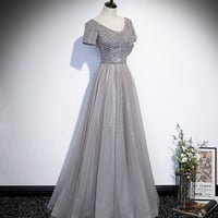 Shiny Tulle Beads Long Prom Dress, A-Line Short Sleeve Evening Dress - Thumbnail 2