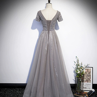 Shiny Tulle Beads Long Prom Dress, A-Line Short Sleeve Evening Dress - Thumbnail 4