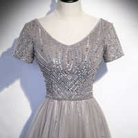 Shiny Tulle Beads Long Prom Dress, A-Line Short Sleeve Evening Dress - Thumbnail 1