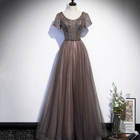 Shiny Tulle Beads Long Prom Dress, A-Line Short Sleeve Evening Dress - Thumbnail 5