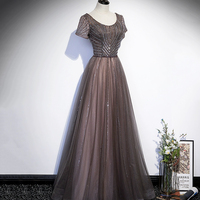 Shiny Tulle Beads Long Prom Dress, A-Line Short Sleeve Evening Dress - Thumbnail 6