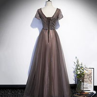 Shiny Tulle Beads Long Prom Dress, A-Line Short Sleeve Evening Dress - Thumbnail 7