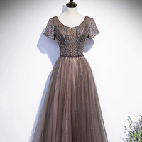 Shiny Tulle Beads Long Prom Dress, A-Line Short Sleeve Evening Dress - Thumbnail 8