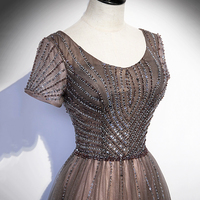 Shiny Tulle Beads Long Prom Dress, A-Line Short Sleeve Evening Dress - Thumbnail 9