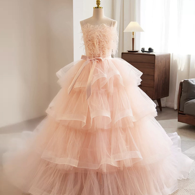 Pink spaghetti strap tulle long ball gown with feathers - Thumbnail 1
